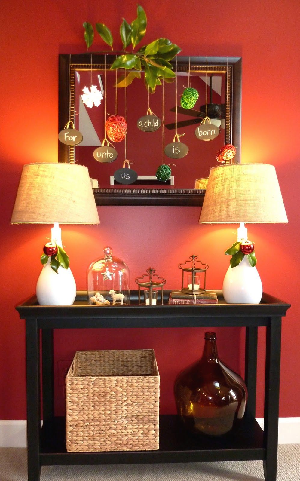 Fun and traditional Christmas hallway decor using a Pier 1 console table and Sea