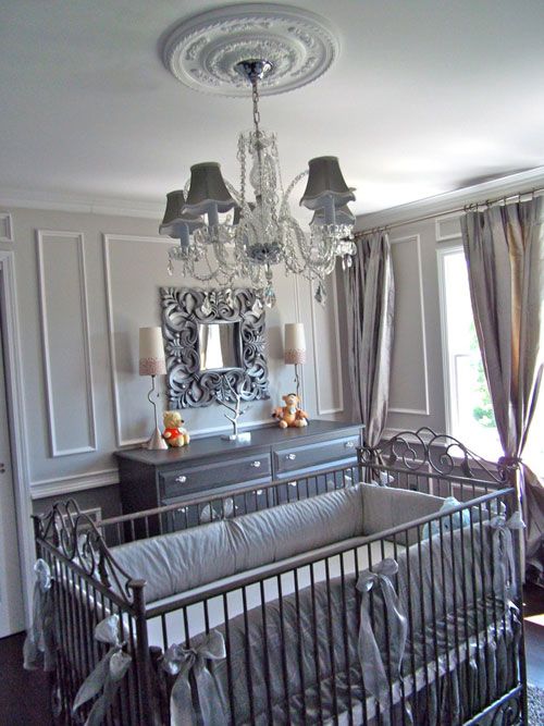 Glamorous gray baby nursery with chandelier love love love awesome for expecting