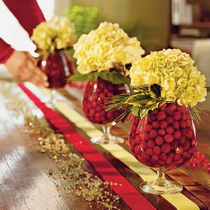 Hydrangeas and cranberries make a pretty centerpiece at christmas.