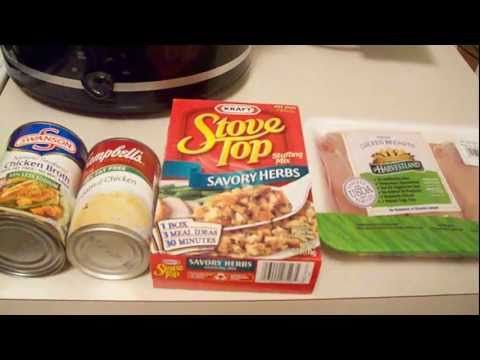 I LOVE my crockpot!! – take 1lb chicken (can be frozen), box of stuffing, 1 cup