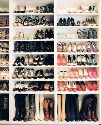I never thought of this!  Cheap bookcases in the closet for a shoe rack.