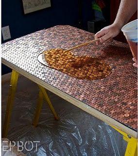 Interesting…penny topped table (also talks about floors done with pennies)