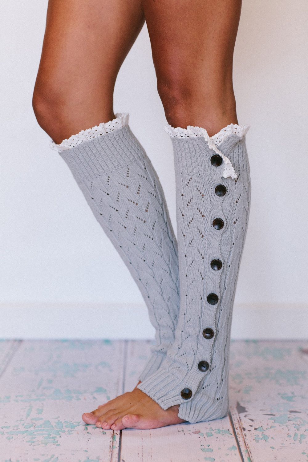 Lacy Knitted Leg Warmers Button Down Platinum Gray