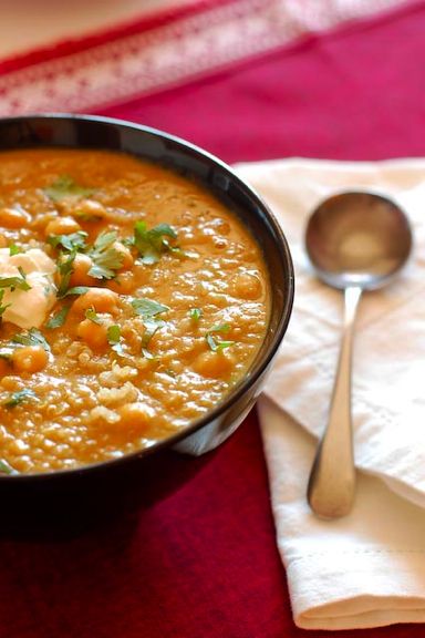 Lentil soup with chickpeas and quinoa.    NOTE: They call for 2-3 C of stock.  3