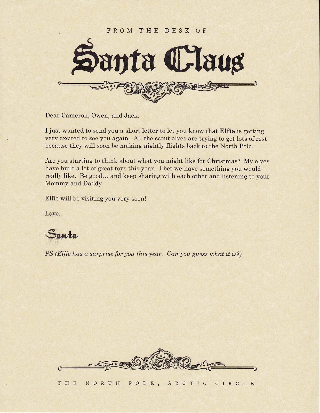 Letter from santa (north pole stationary printable) announcing elf returning