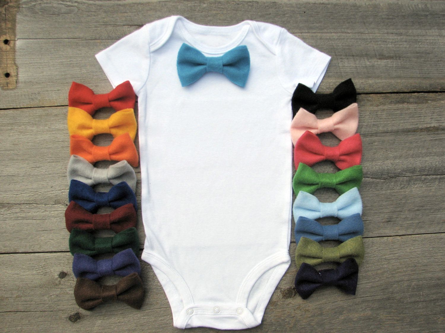 Little man onesie idea– make different color bow ties and attach with a snap.