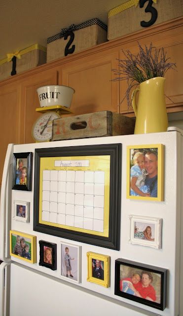 Looks much better than pictures hanging w/ magnets – use dollar store frames, pa