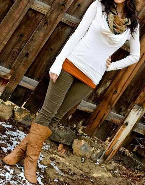 Love this Look.  White Turtleneck, Tall Brown Boots, Brown Pants