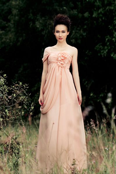 One shoulder Lace up Floor Length Chiffon Dress with Handmade Flowers