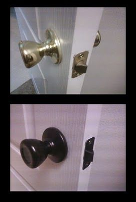 Paint all the shiny brass knobs with Rustoleum Oil Rubbed Bronze spray.