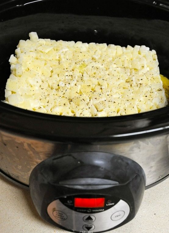 Paula Dean's crockpot potato soup recipe. Combine 1 bag frozen hash browns, 