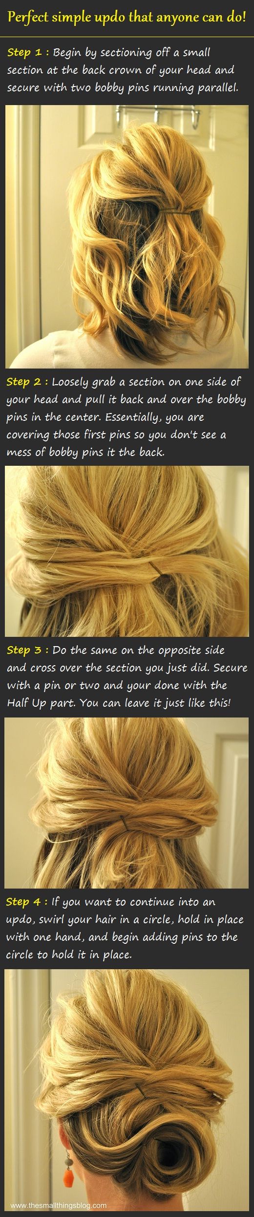 Perfect simple updo. Was a little difficult for me since my hair is long and thi