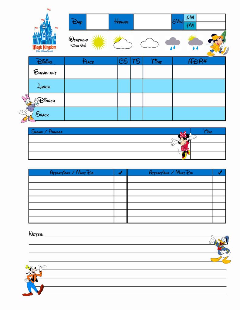 Planning sheets for Disney World