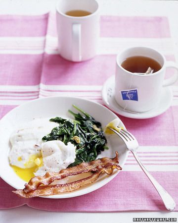 Poached Eggs with Bacon Grits and Wilted Spinach