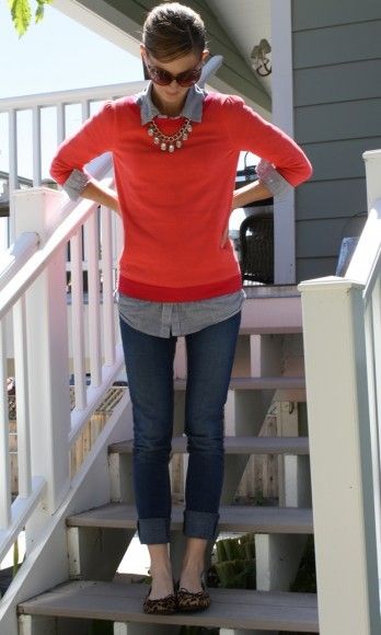 Red sweater, chambray shirt, jeans, leopard flats