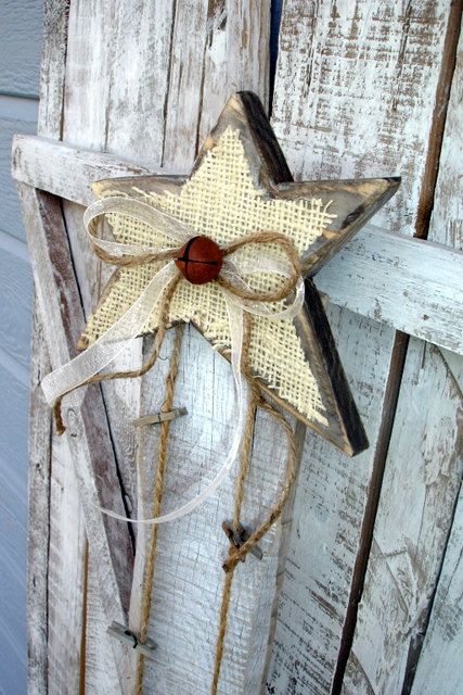 Rustic Burlap Christmas Card Holder//  Wooden star covered with burlap and a jin