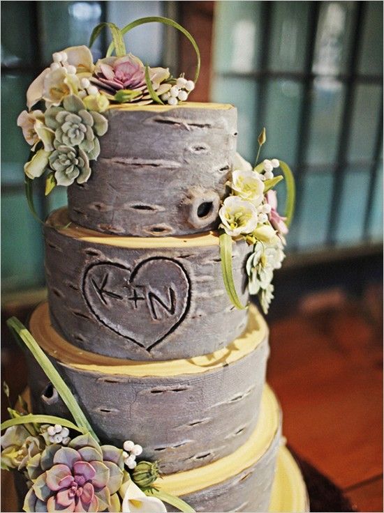 Rustic wedding cake – love the tree idea with initials carved in it