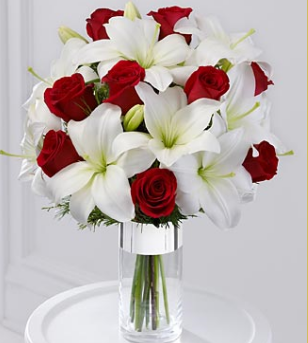 Silver Tidings Bouquet with red roses and white lilies