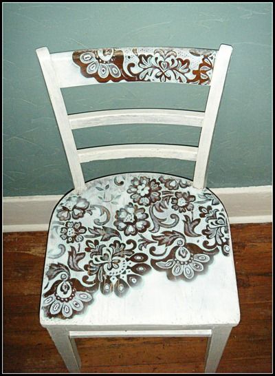 Spray Paint Through Lace! Started with a brown old chair, placed a lace curtain
