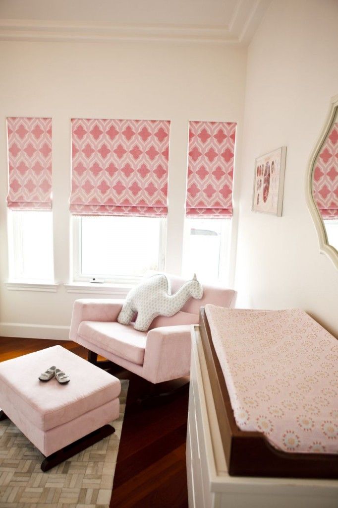 The window treatments in this room are fabulous! #pink #baby #nursery