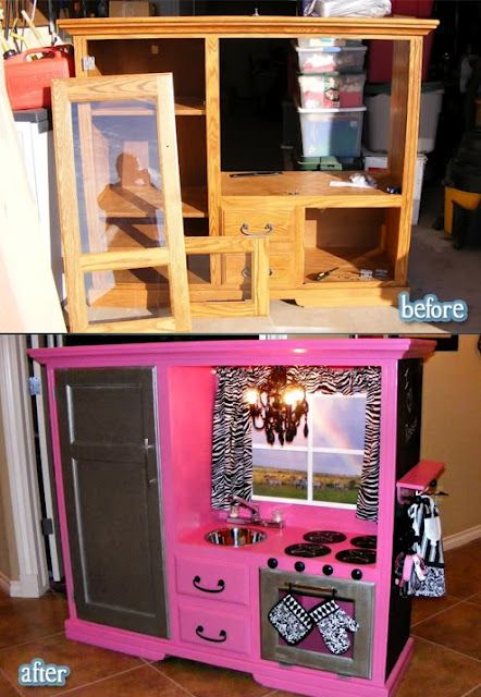 Turn an old entertainment center into a play kitchen