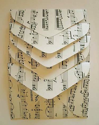 Upcycled Sheet Music DIY tutorial paper envelope pattern.  Could work with old b