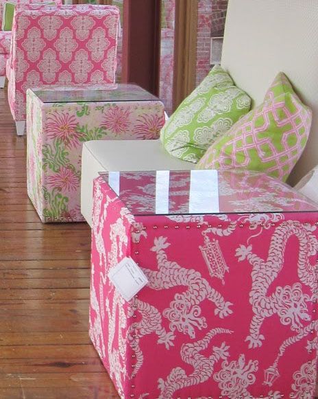 Use Lilly Pulitzer fabric to cover basic wooden boxes and top with glass to crea