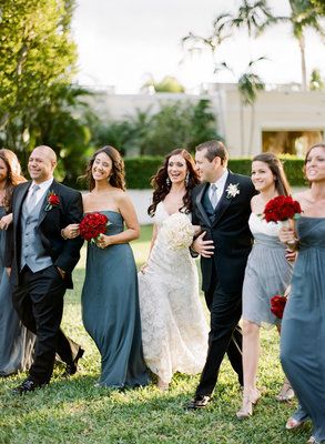 Wedding party, grey dresses, red roses