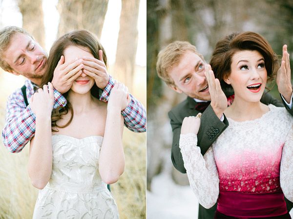 closed eyes in normal clothes, then open when we are in our wedding clothes! so