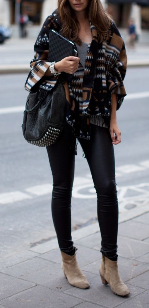 cozy coverup and leather leggings w/ ankle boots