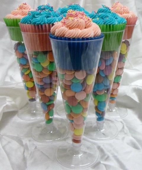 cupcakes in dollar store champagne flutes…great idea for parties or showers!