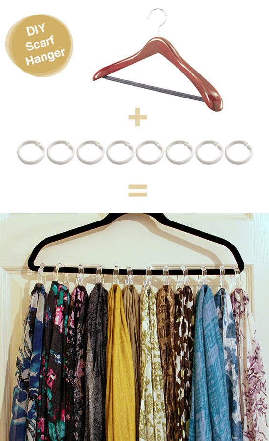 D.I.Y. scarf hanger with shower curtain hooks and hanger.