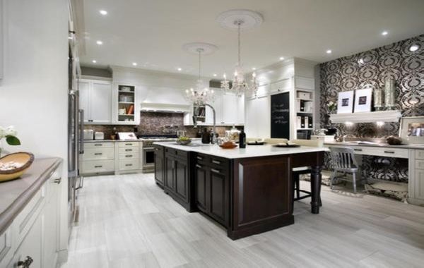 ... Tiles Floors Espresso Stained Centre Island White Kitchen Cabinets -   Espresso-stained kitchen cabinetry.