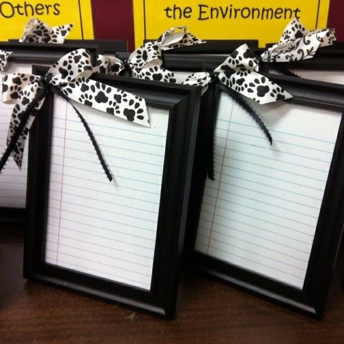 "frame notebook paper, hot glue a bow, wrap with a dry erase marker … vio