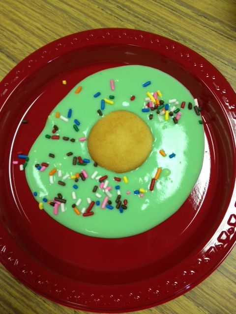 green eggs for Seuss day–vanilla pudding with green food color, Nilla wafer as