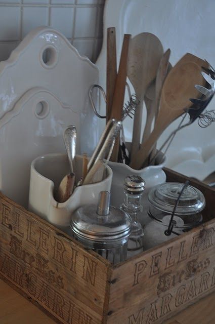 love the creamy white dishes with the old weathered box