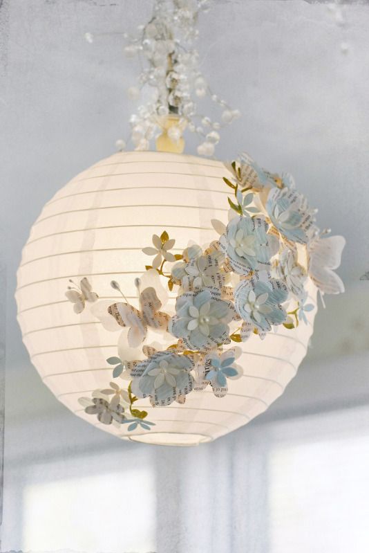 paper lantern with paper flowers + butterflies