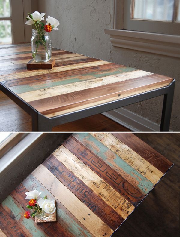 recycled pallets, sanded & finished as a table—love the branding and varyi