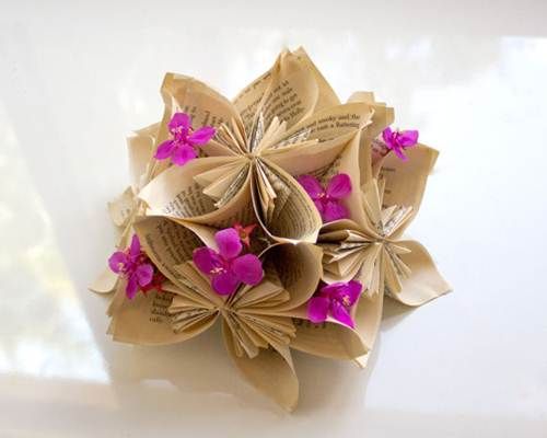 recycled wedding craft – book pages folded into flowers