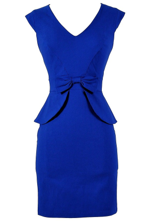 royal blue, peplum, and a bow.