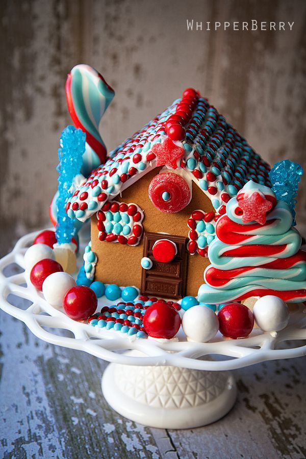 Red, White, and Blue Gingerbread House -   Cristmass Gingerbread and Pretzel Houses Ideas