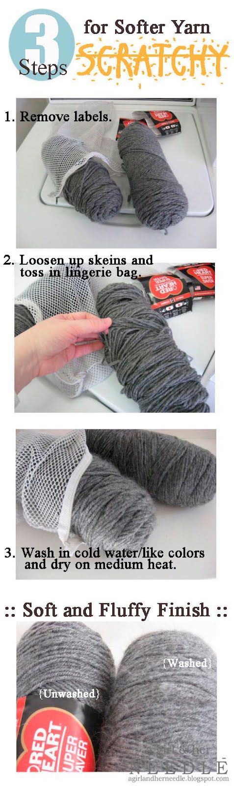 3 Steps for softer yarn.  Simply wash it in a lingerie bag!