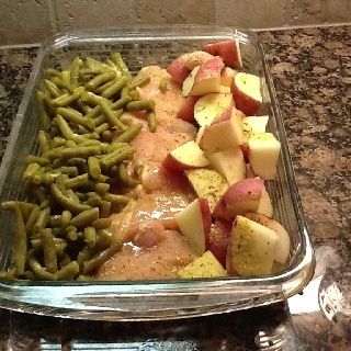 4 raw chicken breasts, 6 new potatoes, 3-4 can green beans (fresh or canned-real