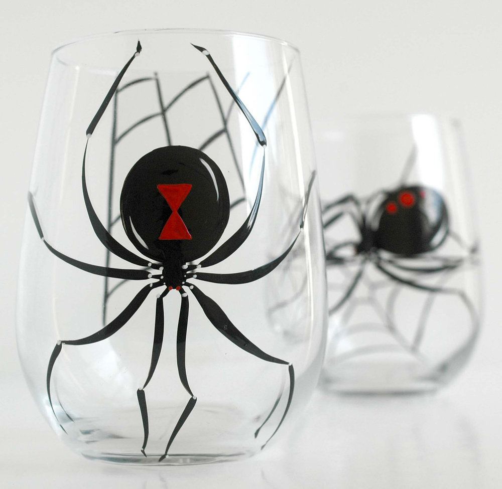 Black Widow Stemless Wine Glasses-Set of 2 Hand Painted Glasses by Mary Elizabet