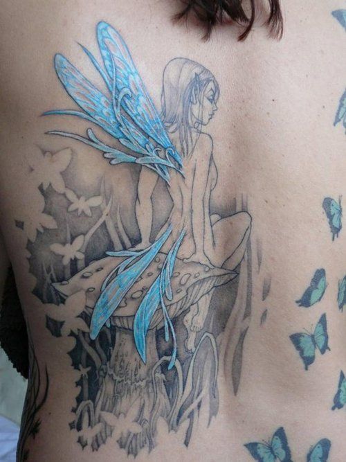 Blue Winged Fairy Tattoo – I do like the splash of color on the grey scale idea