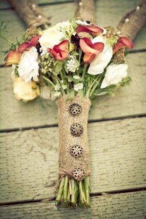 Burlap-wrapped flower bouquets with button accent. colors and textures mmm ya