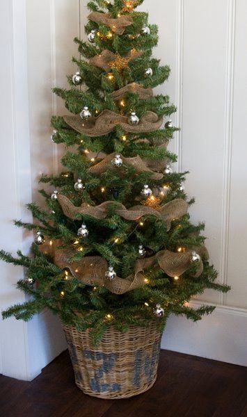 Christmas Tree Decorated with Burlap Ribbon