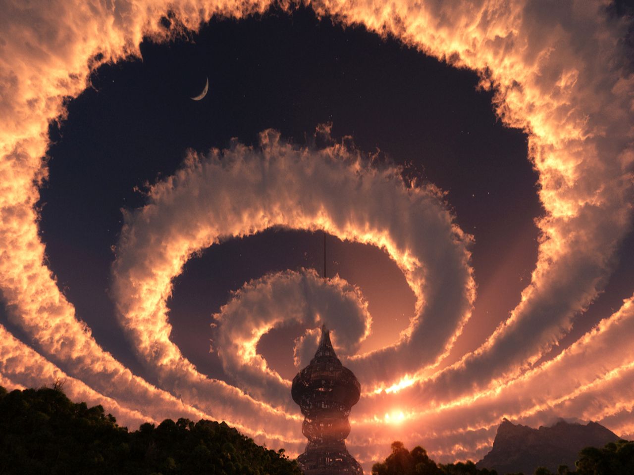 Cloud spiral in the sky. An Iridescent (Rainbow) Cloud in Himalaya. The phenomen