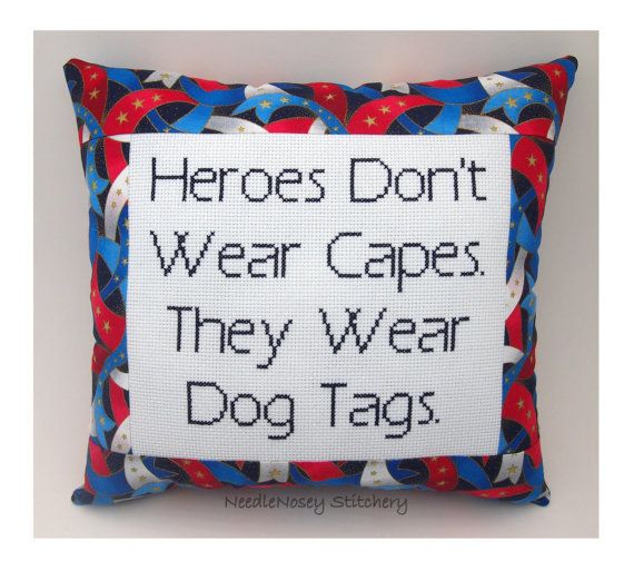 Cross Stitch Pillow, Inspirational Quote, Red White and Blue Pillow, Military Qu