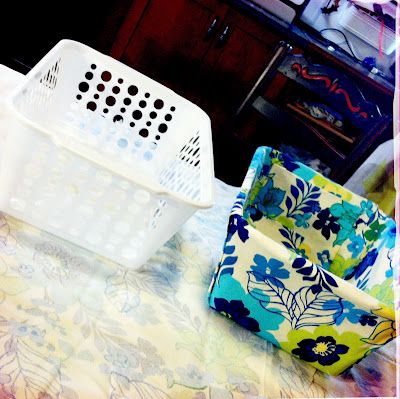 DIY Fabric Covered Bins..Dollar store bin into cute fabric organizer and no sewi